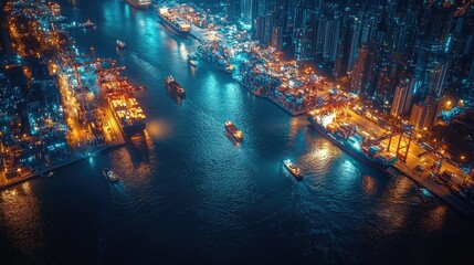 Obraz premium Aerial view of a vibrant city harbor at night, illuminated by colorful lights and bustling with activity.