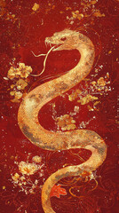 Obraz premium Stylized Golden Snake Coiled Against Red Background with Festive Floral Elements