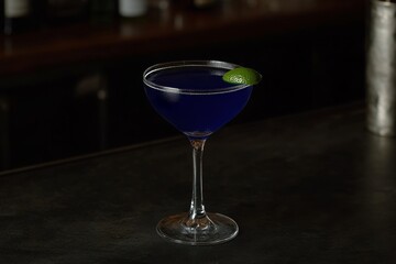 An up-close look at a delicious and refreshing blue cocktail sitting on a bar counter