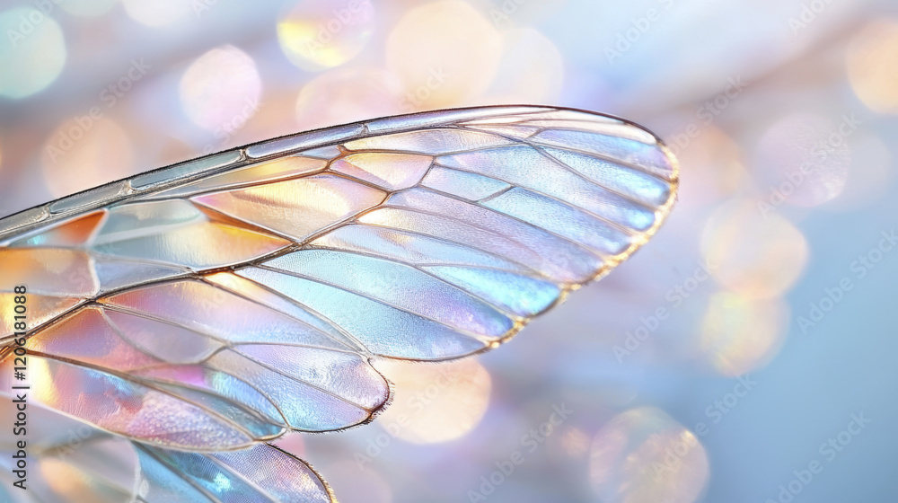 Poster close up of iridescent insect wing showcasing delicate patterns and colors, creating mesmerizing eff