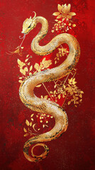 Obraz premium Stylized Golden Snake Coiled Against Red Background with Festive Floral Elements