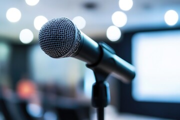 A microphone on a stand in front of a screen, perfect for presentations or recording