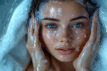 A close-up shot of a young woman covered in soap suds, great for beauty or lifestyle related content