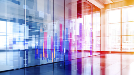 Modern office interior with digital data visualization on glass walls