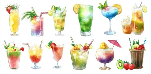 Cocktails and refreshing summer drinks depicted in watercolor clipart. Modern illustration of beverage glasses containing ice, mint, and a straw