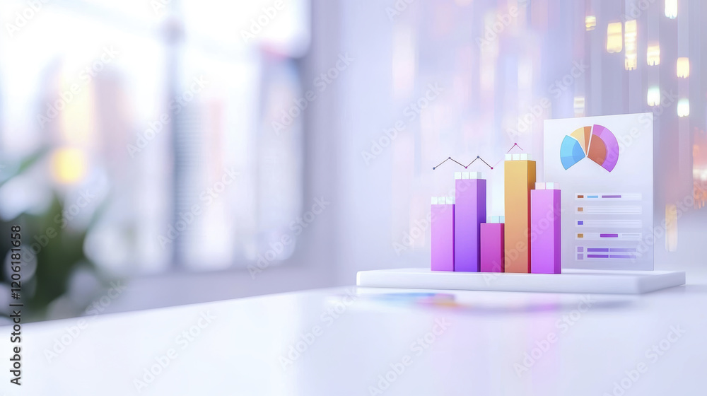 Poster colorful 3d bar graphs and pie chart on white surface, representing data analysis and business growt