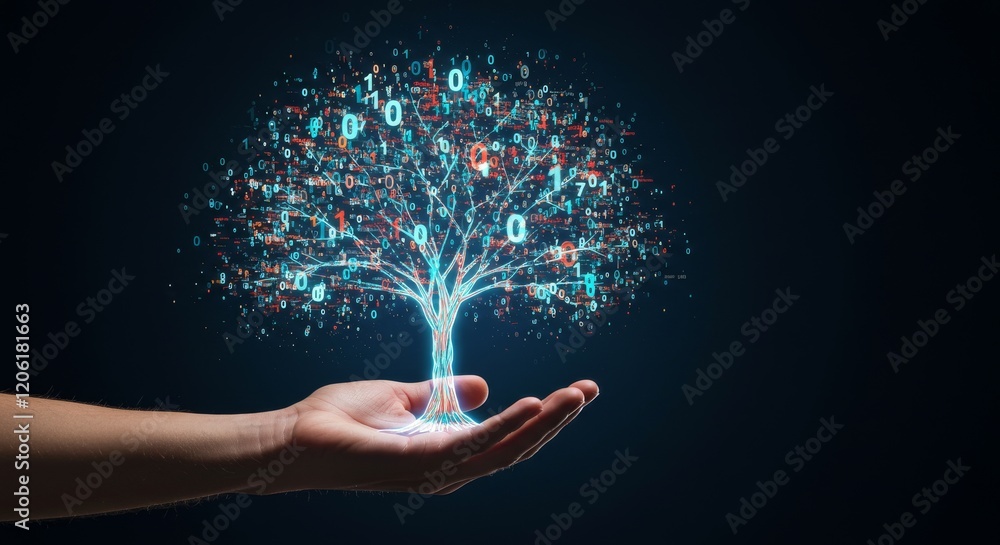 Poster radiant binary technology tree growing from a hand illustrating digital network connectivity, sustai