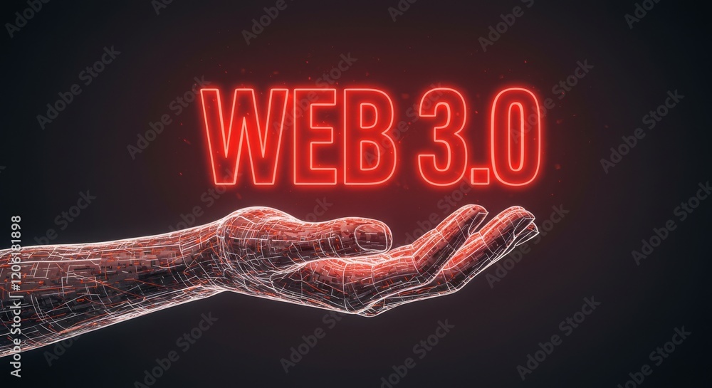 Poster decentralized technology concept with glowing web 3 in red futuristic text and digital wireframe han