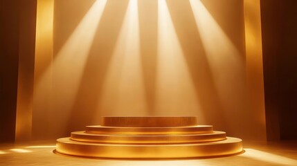 Obraz premium Golden tiered podium illuminated by spotlights in a minimalist setting.