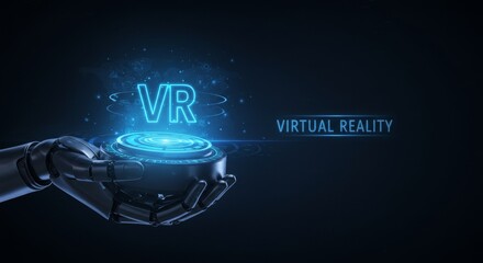 Virtual reality concept with robotic hand holding glowing orb and digital graphics representing immersive innovation and futuristic cyber technologies in entertainment and gaming design