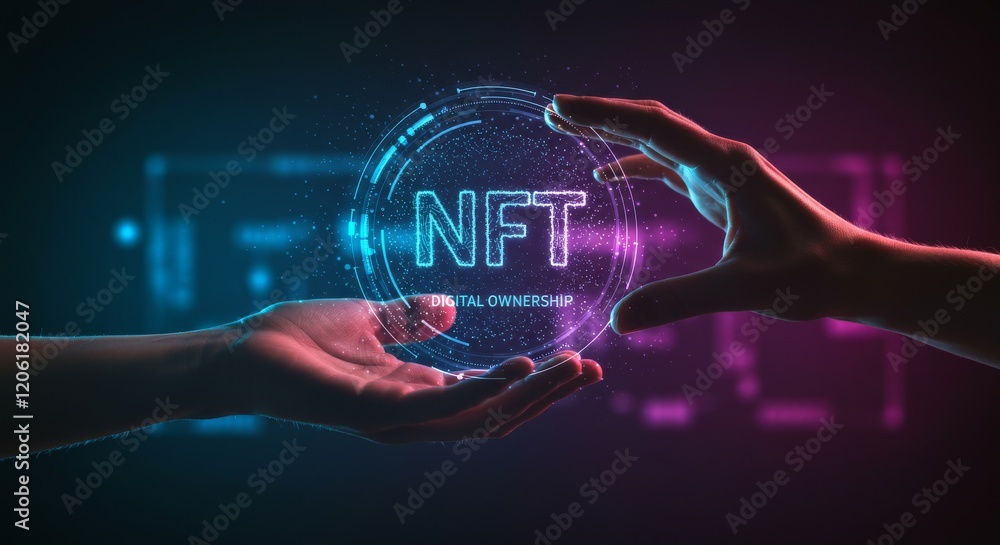 Poster futuristic nft ownership design with glowing holographic bubble and hands in digital abstract visual