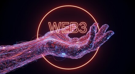 Futuristic web3 technology concept with glowing red wireframe hand and neon circular background emphasizing decentralized blockchain innovation and digital transformation