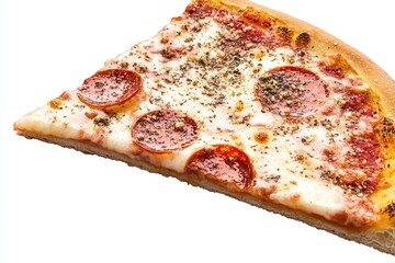 A single slice of pepperoni pizza on a white surface, great for food or party themed images