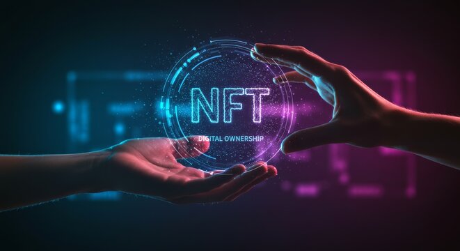 Futuristic nft ownership design with glowing holographic bubble and hands in digital abstract visualization representing blockchain and crypto asset ownership