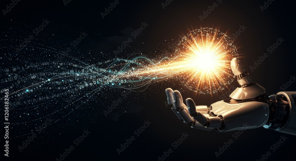 Poster robotic hand holding glowing digital energy orb, futuristic technology and artificial intelligence a
