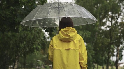 a young girl with a transparent umbrella walks in the rain. woman in a yellow raincoat. view from the back. autumn summer spring walk park. Slow motion. wet drops rain drip transparent umbrella