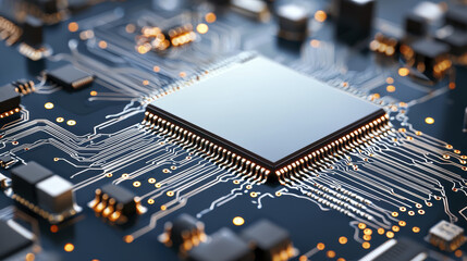 High tech circuit board with microchip and intricate connections, showcasing modern technology and innovation