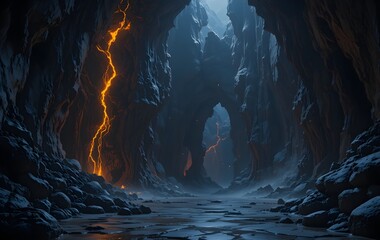 Dark rocky cavern, jagged stone walls, glowing cracks, mysterious underground chamber, moody...