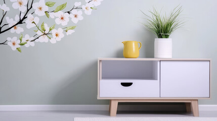 modern living room featuring stylish cabinet, decorative plant, and floral wall art. serene color palette creates calming atmosphere