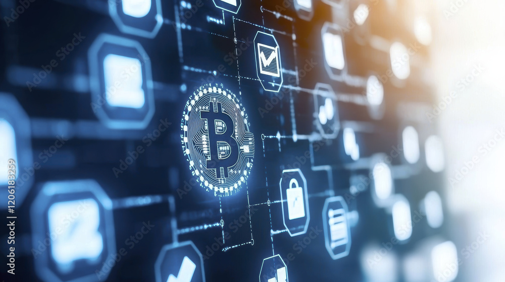 Poster digital cryptocurrency network with bitcoin symbol and blockchain icons