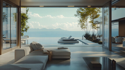 Fototapeta premium Contemporary oceanfront villa with sunset view.