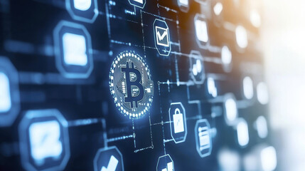Digital cryptocurrency network with Bitcoin symbol and blockchain icons