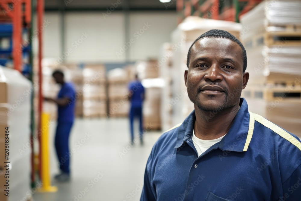 Poster a person stands near crates and boxes in an industrial setting