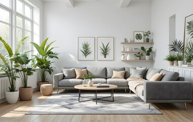 Modern living room, Scandinavian interior design, gray fabric sofa, large windows, natural light, monstera plant, fiddle leaf fig, indoor plants, botanical art prints