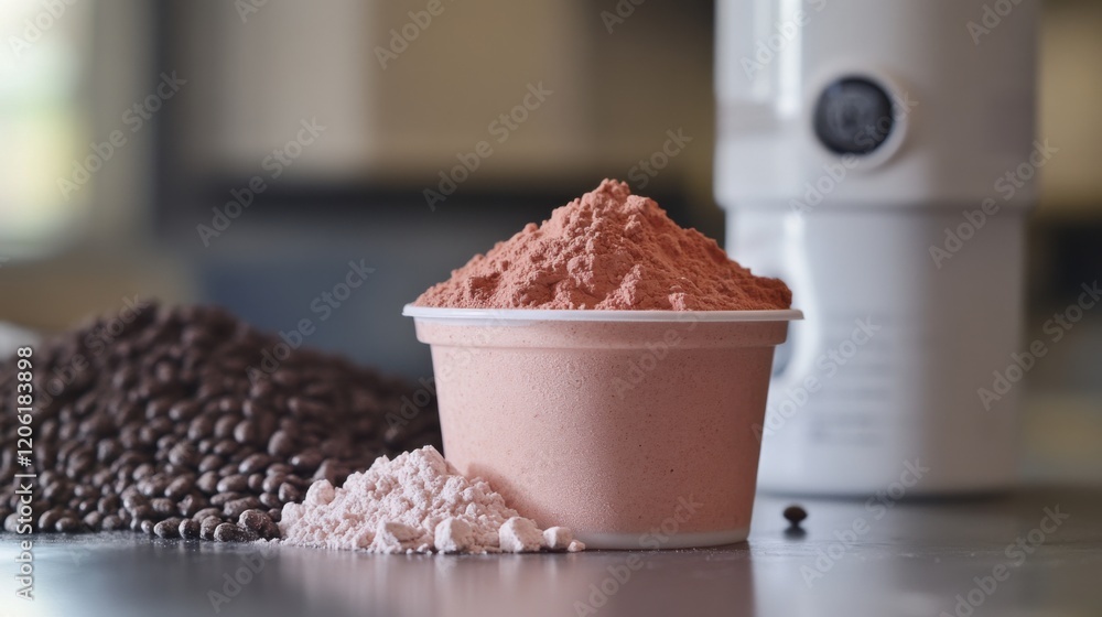 Poster close-up of various cocoa powders and coffee beans with a grinder in a kitchen setting