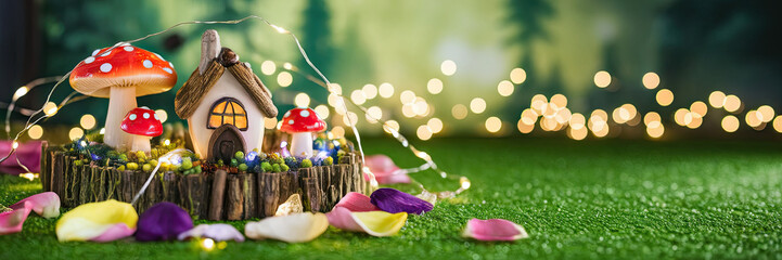 Fototapeta premium Enchanting Fairy House Mushrooms Fairy Lights Green Grass