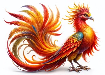 Majestic Chinese Phoenix Bird, Mythical Creature, Isolated White Background, Asian Mythology, Bird Illustration