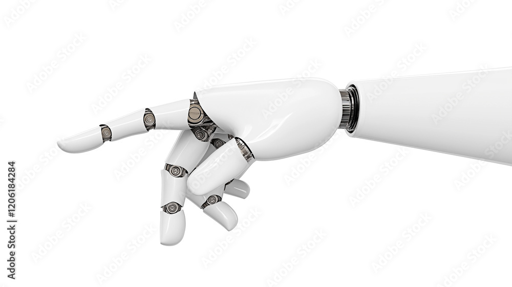 Poster mechanical robotic hand in a dynamic gesture pointing to the left isolated. great for futuristic des