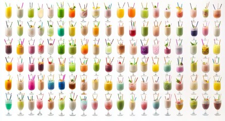 A collection of colorful beverages on a white background, including both alcoholic and alcohol-free long drink shooters and refreshments