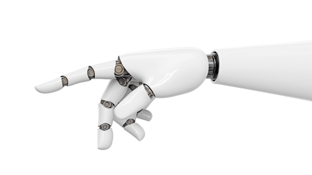 Mechanical robotic hand in a dynamic gesture pointing to the left isolated. Great for futuristic design and tech projects.