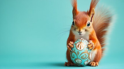 Cute squirrel holding decorated easter egg on turquoise background