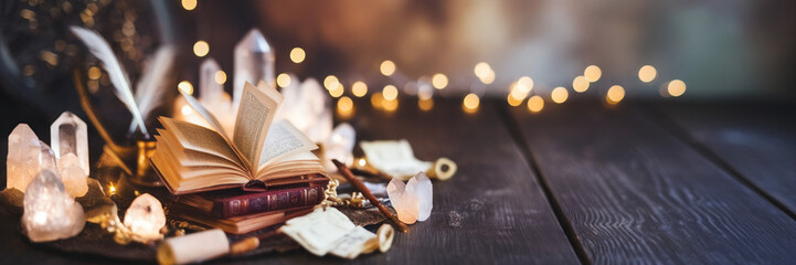 Mystical Book Crystals Fairy Lights on Wooden Table