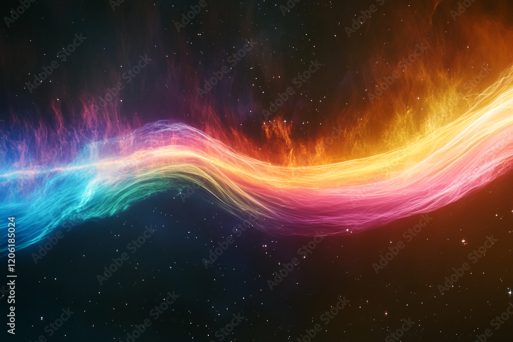 Poster vibrant wave of colorful light flowing through a cosmic space with a starry background
