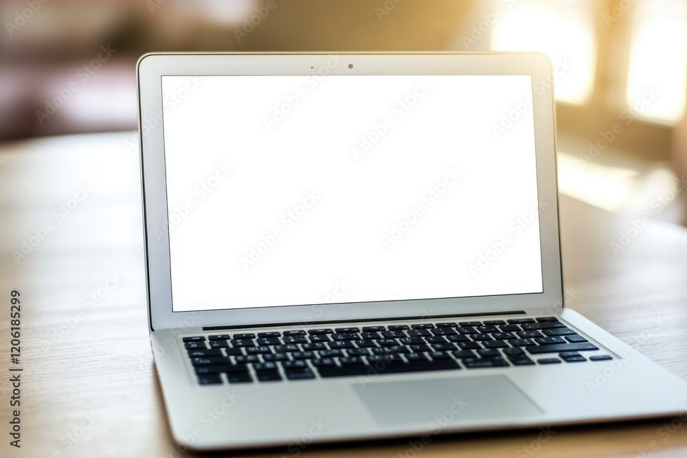 Aufkleber a laptop computer sitting on a wooden table with a simple and minimalist background