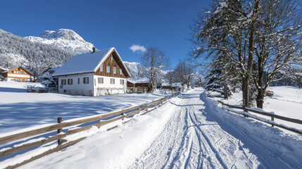 Fototapeta premium picturesque winter scene featuring snow covered village with charming houses, clear blue sky, and serene pathway