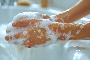 Fototapeta premium Close-up of a person washing their hands with soap and water