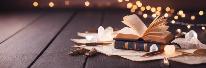 Magical Book Crystals Antique Quills Papers on Wooden Table Bokeh Lights