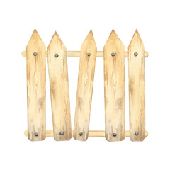 A sturdy wooden fence painted in watercolor. Wood barrier illustration. Rustic village wood board clipart suitable for DIY stickers, farm-themed products, or handmade stationery about gardening