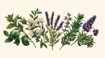 Aromatic Herb Collection: A delightful collection of culinary and fragrant herbs, including lavender, rosemary, oregano, and more, arranged in a visually appealing botanical illustration.