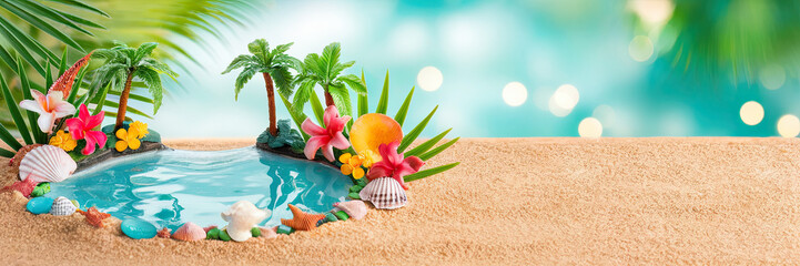 Fototapeta premium Tropical Beach Paradise Miniature Island Scene with Palm Trees Flowers and Seashells