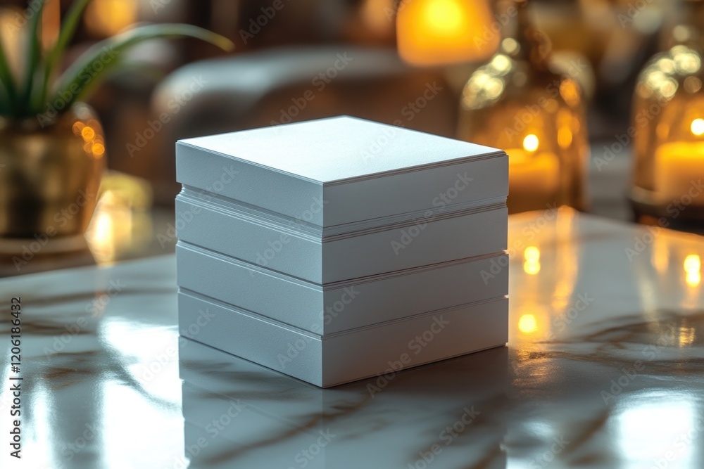 Poster stack of white boxes sitting on a table with a neutral background