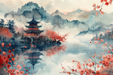 Japanese landscape watercolor. AI generative