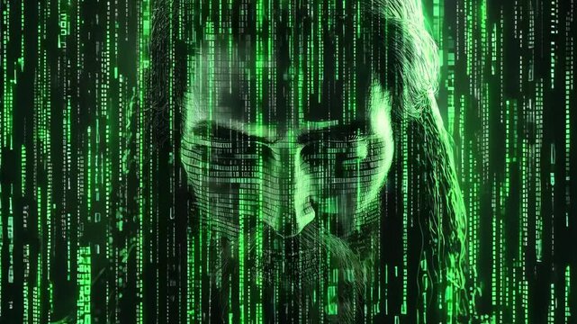 A portrayal of an enigmatic figure surrounded by flowing green binary codes, emphasizing a digital and religious atmosphere