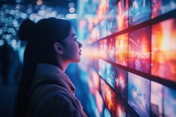 Fototapeta premium Exploring digital memories in a vibrant virtual gallery at twilight