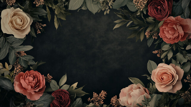 Dark Floral Frame: A moody and romantic frame of dark roses, peonies and greenery creates a dramatic and elegant border against a dark background, perfect for invitations, announcements.