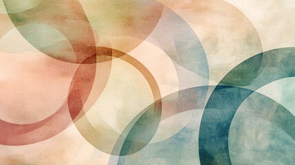 Abstract Watercolor Circles: A calming and minimalist abstract art design features a series of overlapping watercolor circles in muted tones of red, green, and blue.